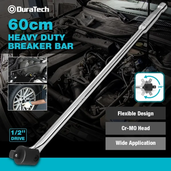 DURATECH 60CM Breaker Bar 1/2'' Drive Heavy Duty with 240° Flex Head Spring-loaded Detent Ball Premium Chrome Alloy Made